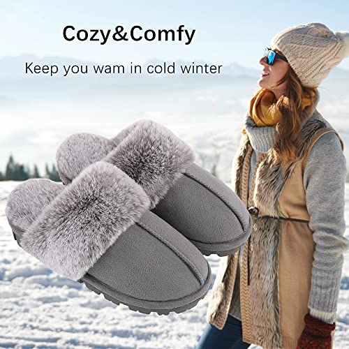 shoeslocker Womens Slippers Cozy Memory Foam Fluffy Plush Lined House Slippers Indoor Outdoor Shoes Gray Size 8