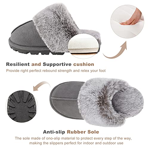 shoeslocker Womens Slippers Cozy Memory Foam Fluffy Plush Lined House Slippers Indoor Outdoor Shoes Gray Size 8