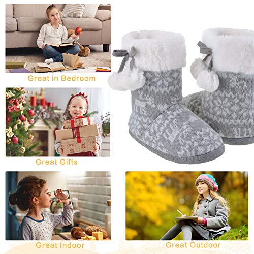 MIXIN Girls Slippers Boots Bedroom Bootie Shoes for Winter Warm Anti-Slip Plush Slippers for Big Kid Gray 12-13