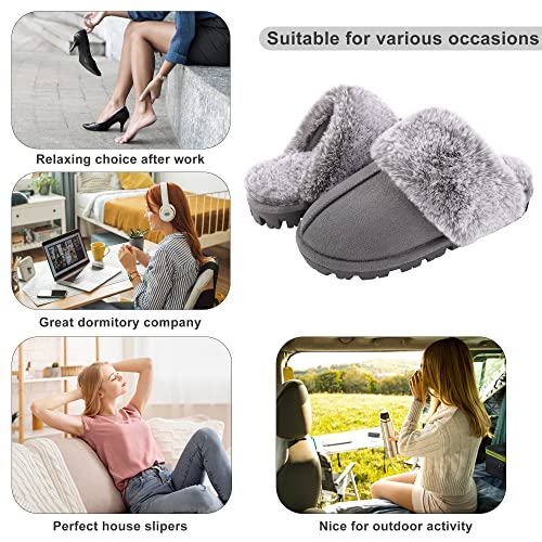 shoeslocker Womens Slippers Cozy Memory Foam Fluffy Plush Lined House Slippers Indoor Outdoor Shoes Gray Size 8