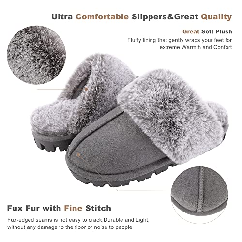 shoeslocker Womens Slippers Cozy Memory Foam Fluffy Plush Lined House Slippers Indoor Outdoor Shoes Gray Size 8