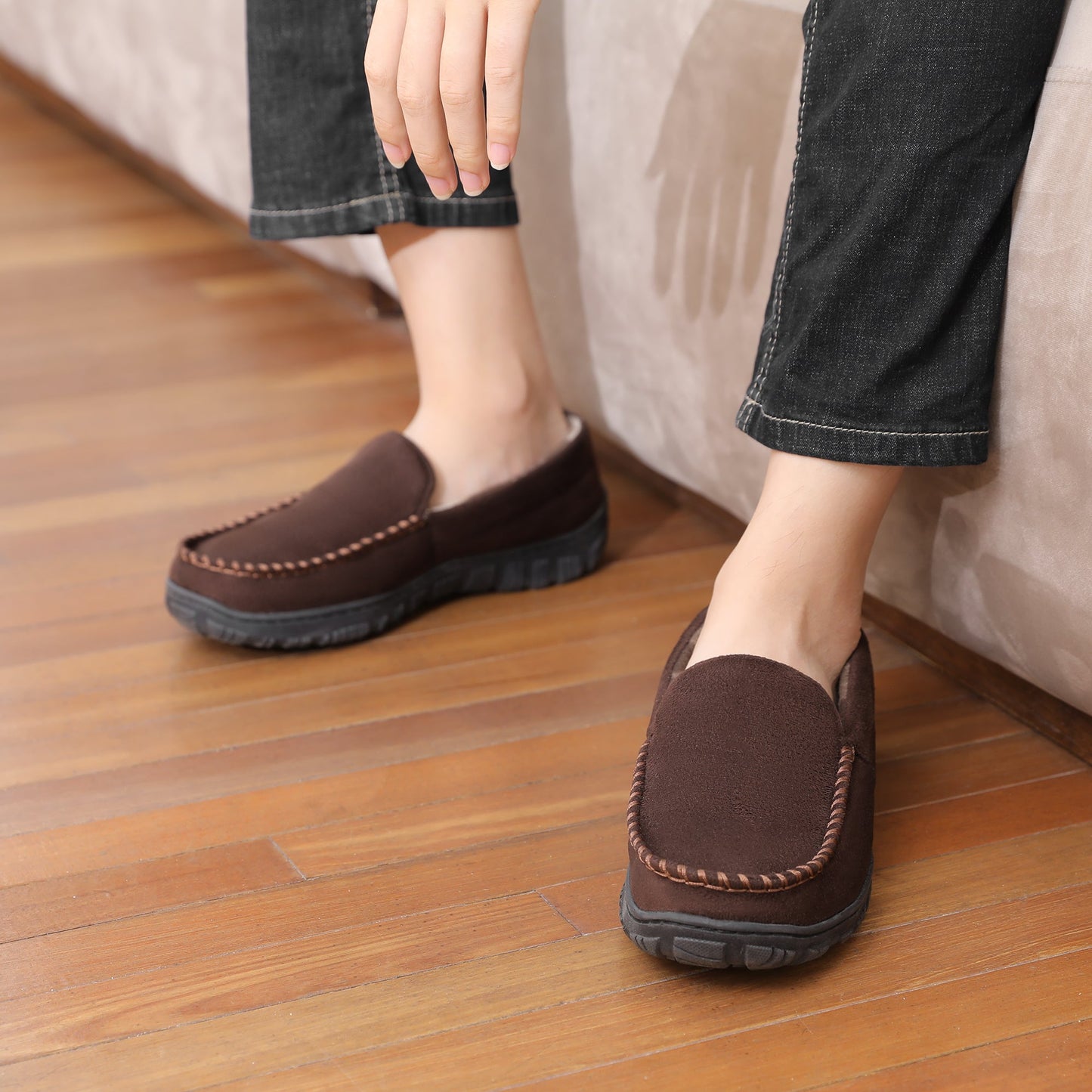 Men's Moccasin Slippers Memory Foam Indoor/Outdoor Warm Suede House Shoes with Slip on Rubber Sole