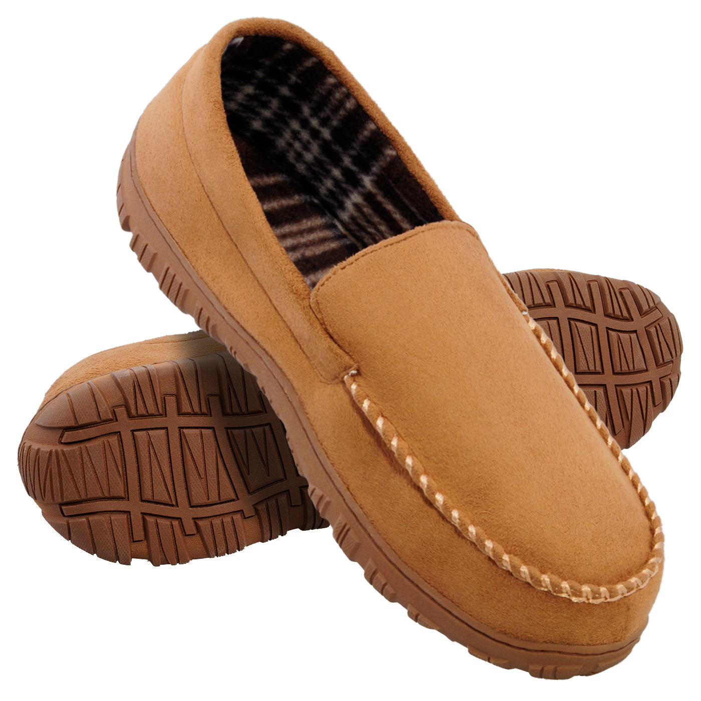 Men's Moccasin Slippers Memory Foam Indoor/Outdoor Warm Suede House Shoes with Slip on Rubber Sole