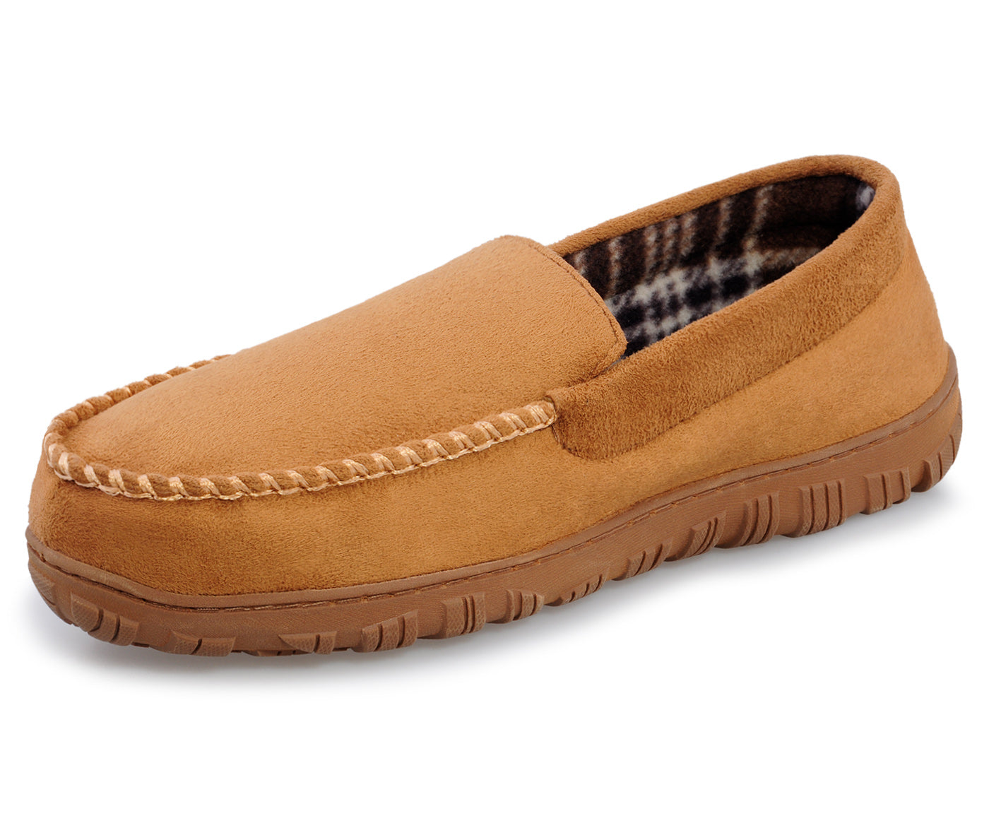 Men's Moccasin Slippers Memory Foam Indoor/Outdoor Warm Suede House Shoes with Slip on Rubber Sole