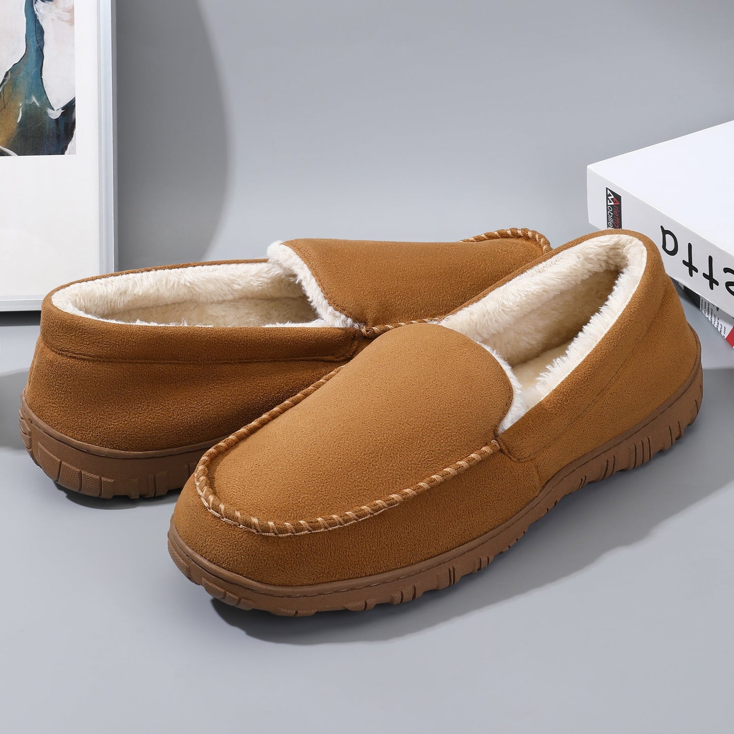 Plus Size Men's Solid Colour Slip On Loafer Shoes With Warm Plush Lining, Comfy Non Slip Rubber Sole Dress Shoes, Men's Footwear