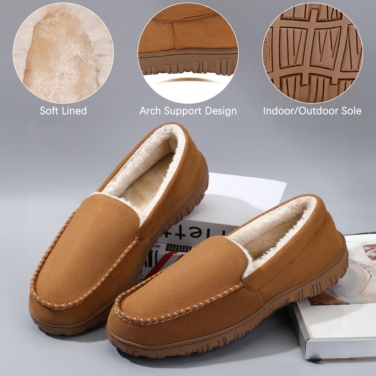 Plus Size Men's Solid Colour Slip On Loafer Shoes With Warm Plush Lining, Comfy Non Slip Rubber Sole Dress Shoes, Men's Footwear