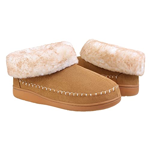 NCCB Bootie Slippers for Women Size 7 Memory Foam All-covered Lined Winter Ankle Slippers with Anti-skid Rubber Beige