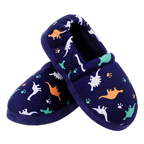 MIXIN Little Kids Boys Indoor House Slip-on Slippers Soft Warm Memory Foam Dark Blue Dinosaur