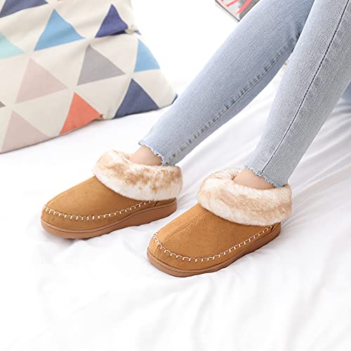 NCCB Bootie Slippers for Women Size 7 Memory Foam All-covered Lined Winter Ankle Slippers with Anti-skid Rubber Beige