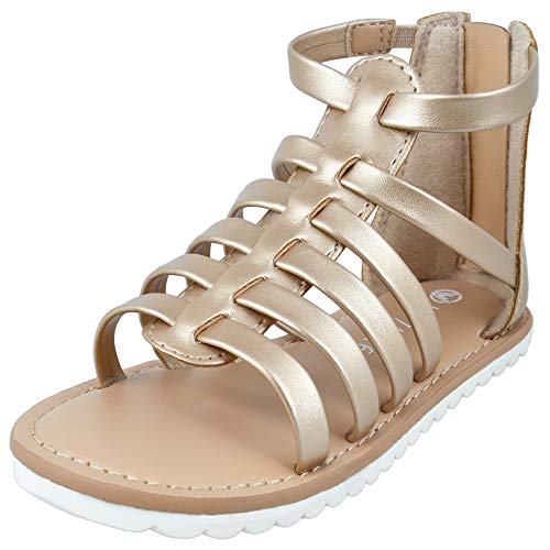 MIXIN Toddler Girl Sandals for Summer Gladiator Cross-tied Zipper Flat Sandals with Strappy Ankle Zipper for Little Girl (Gold, Size 12)