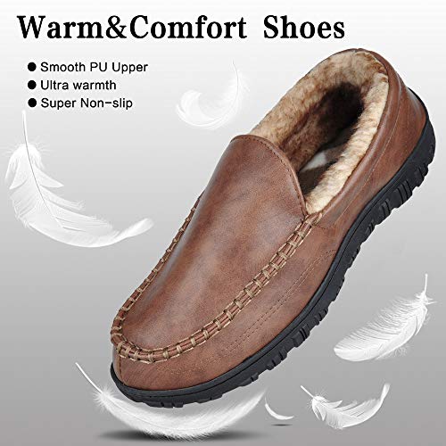 festooning Men's Comfort Moc Slippers with Fuzzy Fur Lining Memory Foam Microsued Indoor Outdoor Slip On House Shoes Brown 9