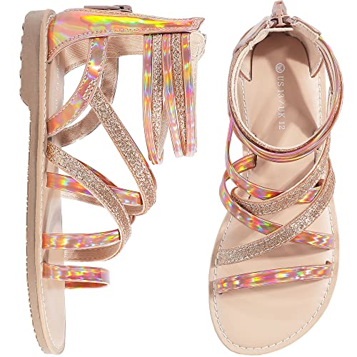 FUPPIA Girls Gladiator Sandals Strappy Summer Sandals with High Ankle Back Zipper for Little Kids Big Kids Gold Size 13