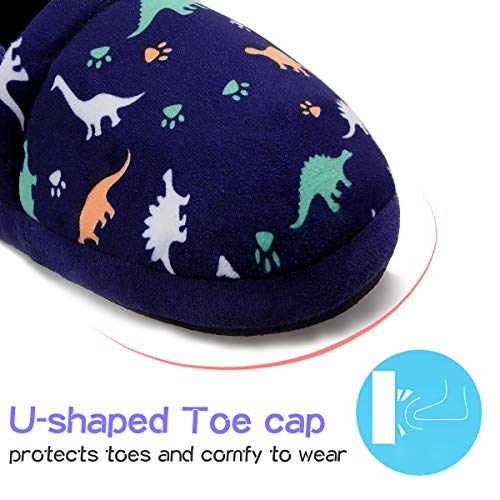 MIXIN Little Kids Boys Indoor House Slip-on Slippers Soft Warm Memory Foam Dark Blue Dinosaur