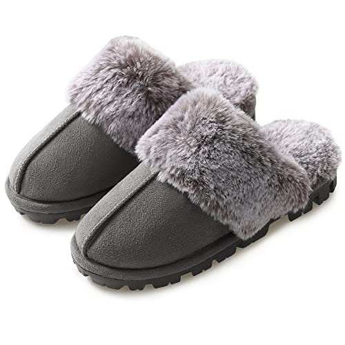 shoeslocker Womens Slippers Cozy Memory Foam Fluffy Plush Lined House Slippers Indoor Outdoor Shoes Gray Size 8
