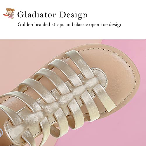 MIXIN Toddler Girl Sandals for Summer Gladiator Cross-tied Zipper Flat Sandals with Strappy Ankle Zipper for Little Girl (Gold, Size 12)