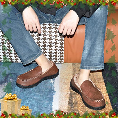 festooning Men's Comfort Moc Slippers with Fuzzy Fur Lining Memory Foam Microsued Indoor Outdoor Slip On House Shoes Brown 9